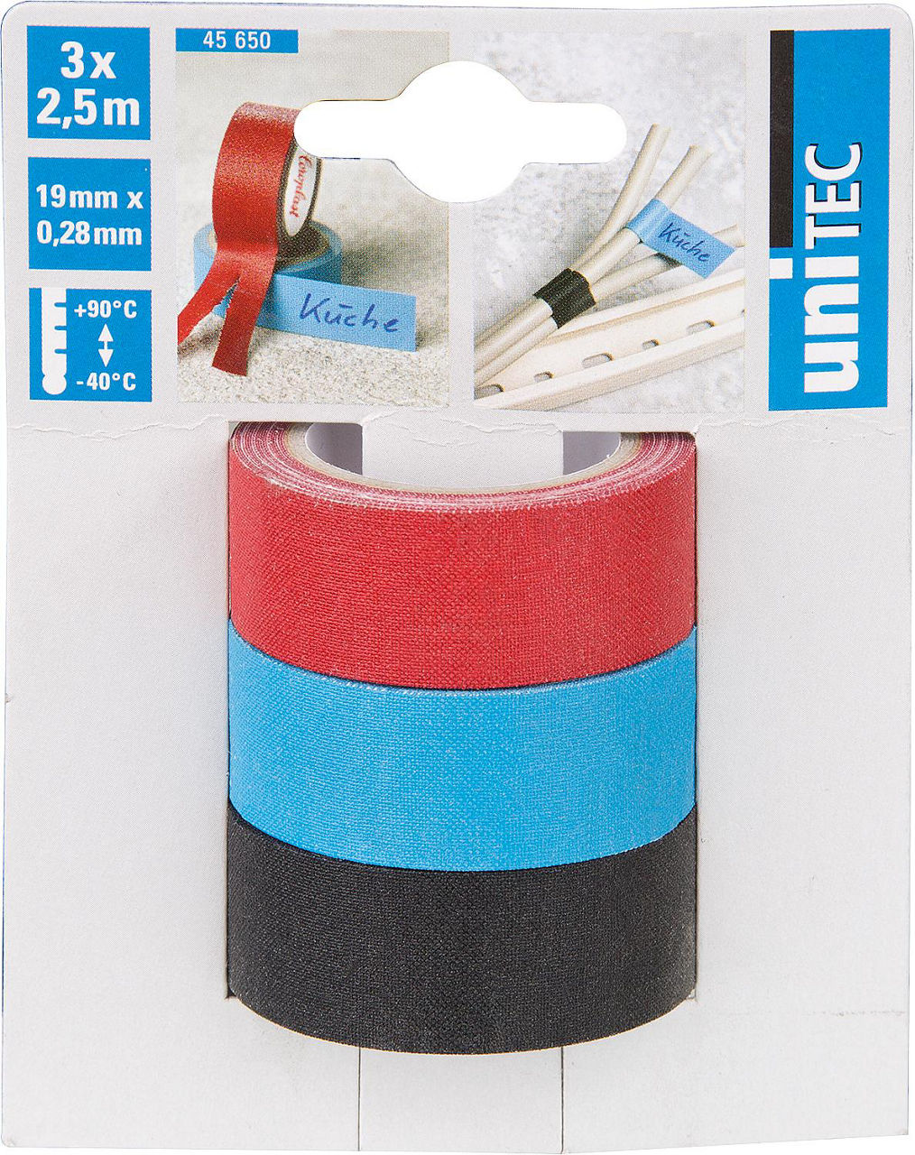 Lot de rubans adhésifs tissés 19 mm × 2,5 m bleu / noir / rouge