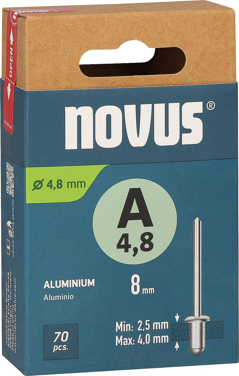 Novus A 4.8 × 8 blind rivets, aluminum