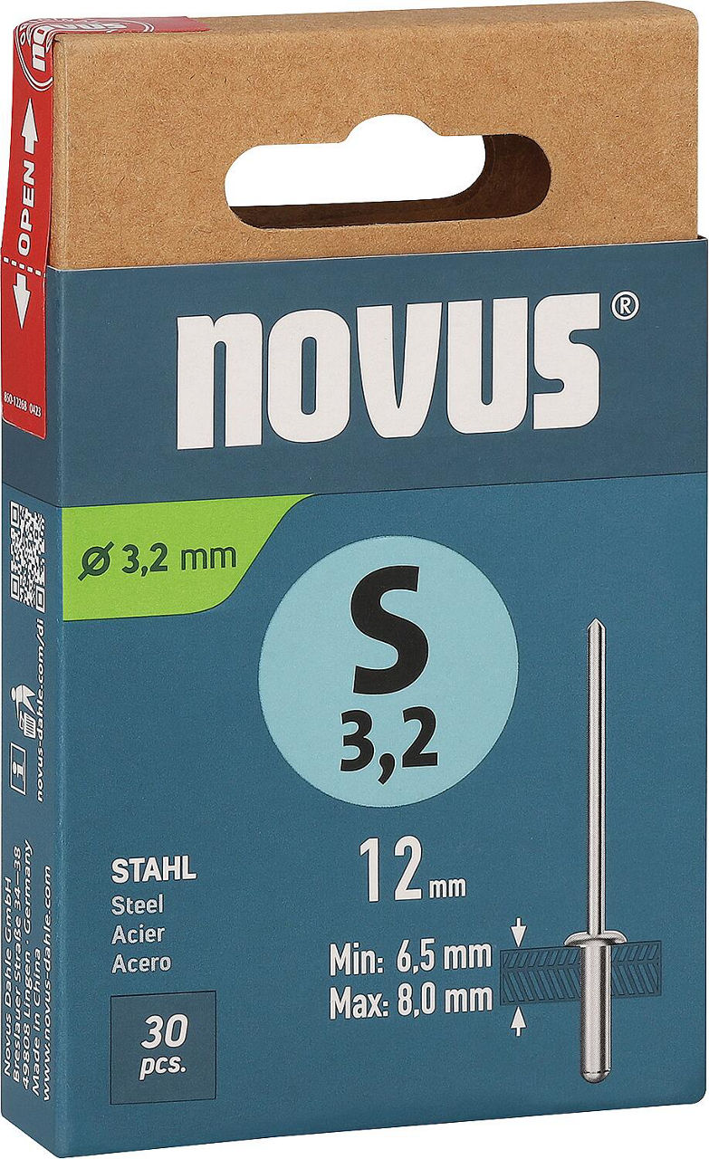 Rivets borgnes Novus S 3,2 × 12, acier