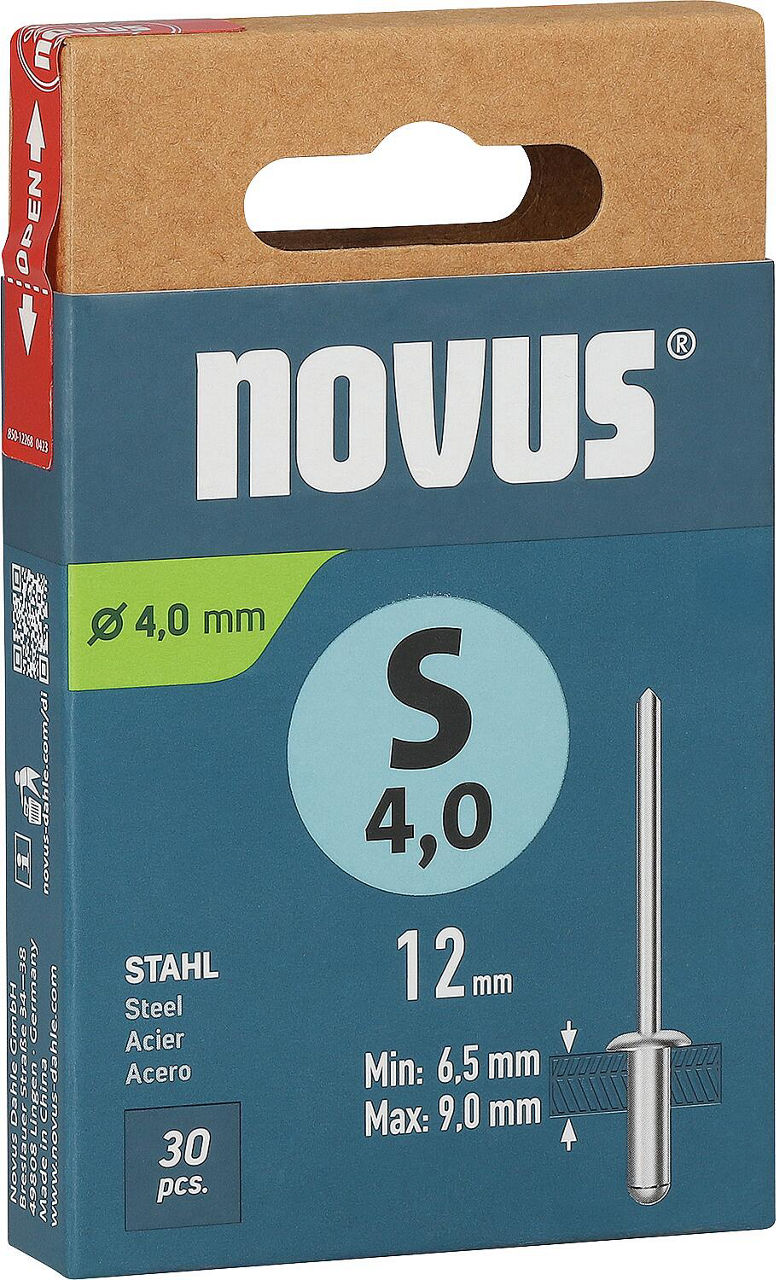 Rivets borgnes Novus S 4,0 × 12, acier