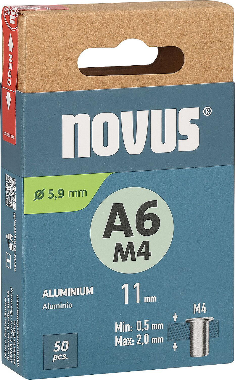 Écrou à sertir borgne Novus A6M4, aluminium