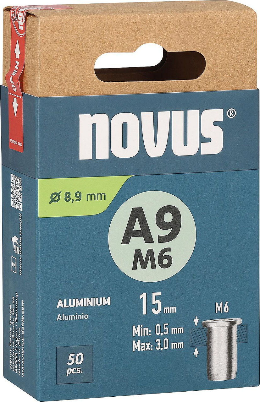 Écrou à sertir borgne Novus A9M6, aluminium