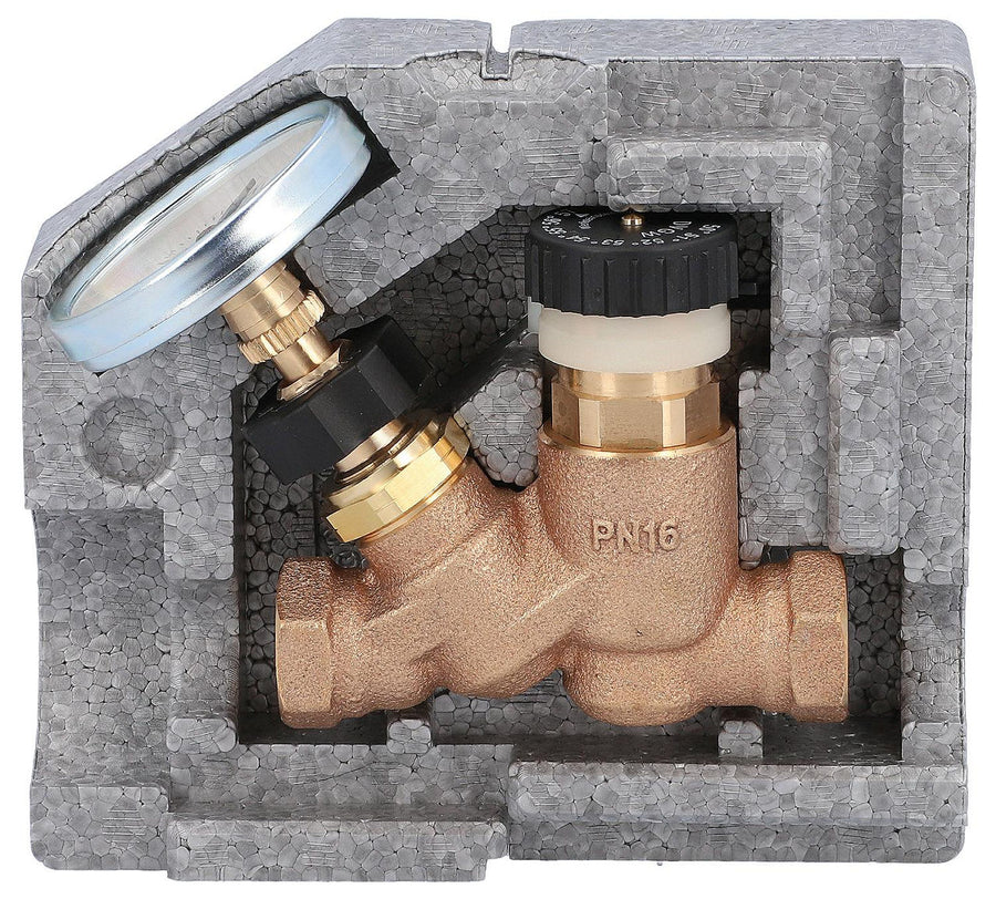 Vanne de régulation de circulation Flamco en bronze, 50-60 °C, DN 15 (1/2"), avec thermomètre et coque d'isolation