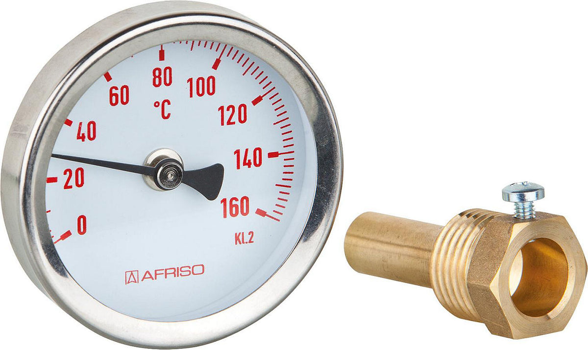 Thermomètre bimétallique solaire AFRISO BiTh 63, axial, Ø 63 mm, DN 15 (1/2")