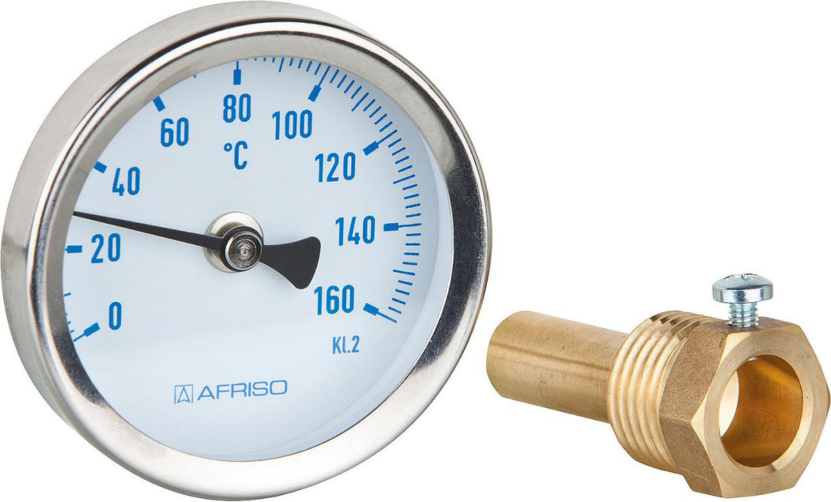 Thermomètre bimétallique solaire AFRISO BiTh 63, axial, Ø 63 mm, DN 15 (1/2")