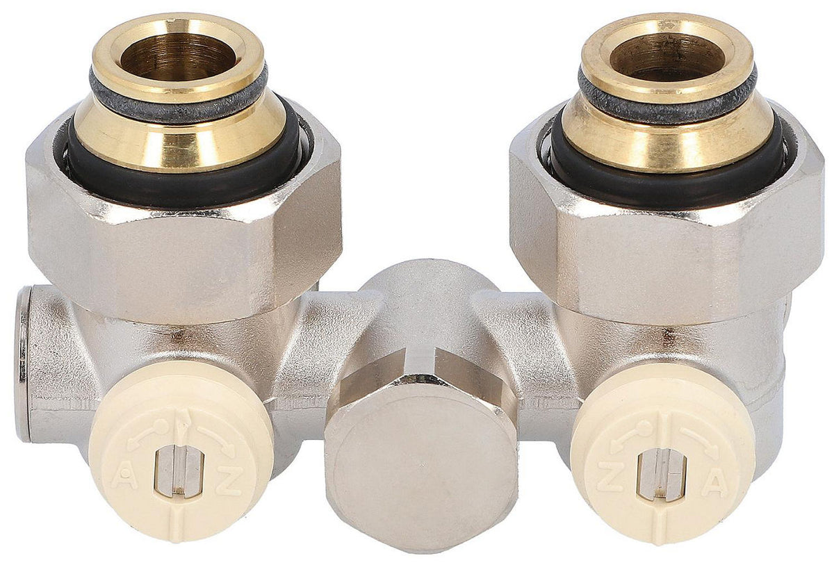 Raccord double à boisseau sphérique monotube avec bypass DN 20 (3/4") femelle × eurocône, équerre