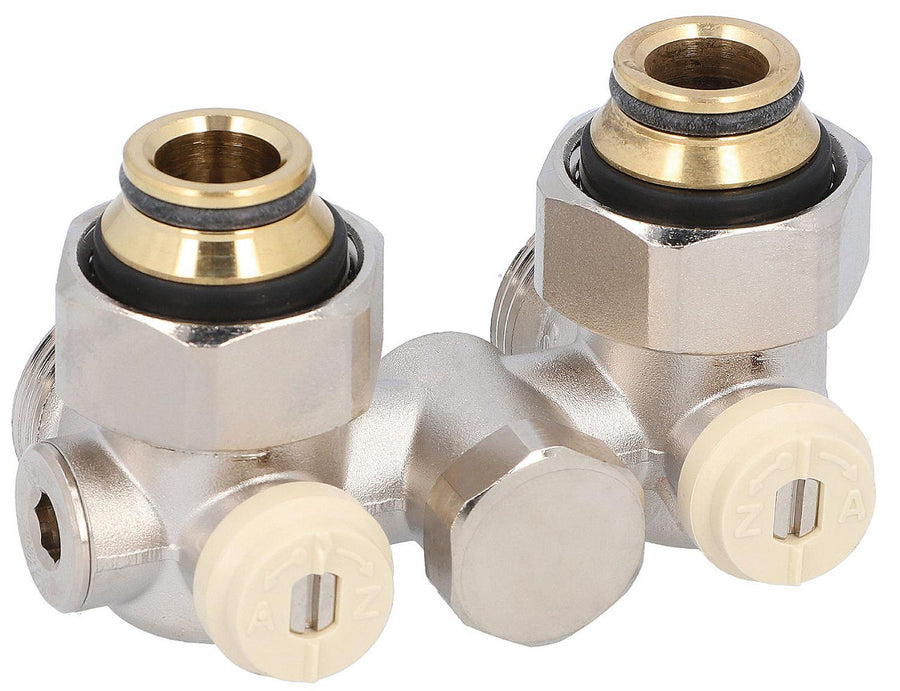 Raccord double à boisseau sphérique monotube avec bypass DN 20 (3/4") femelle × eurocône, équerre