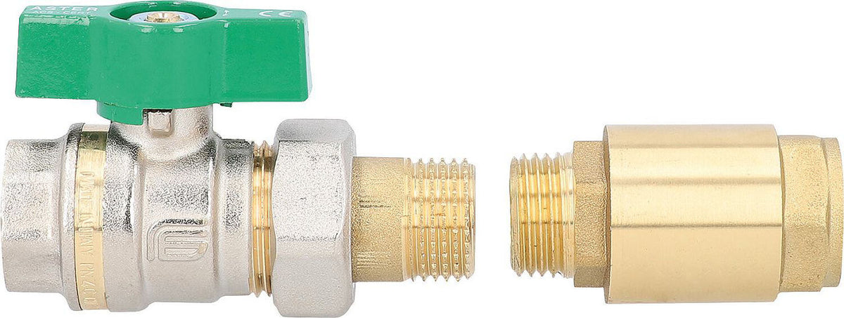Kit de raccordement circulateur 2 pièces DN15 (1/2") — robinet + clapet anti-retour