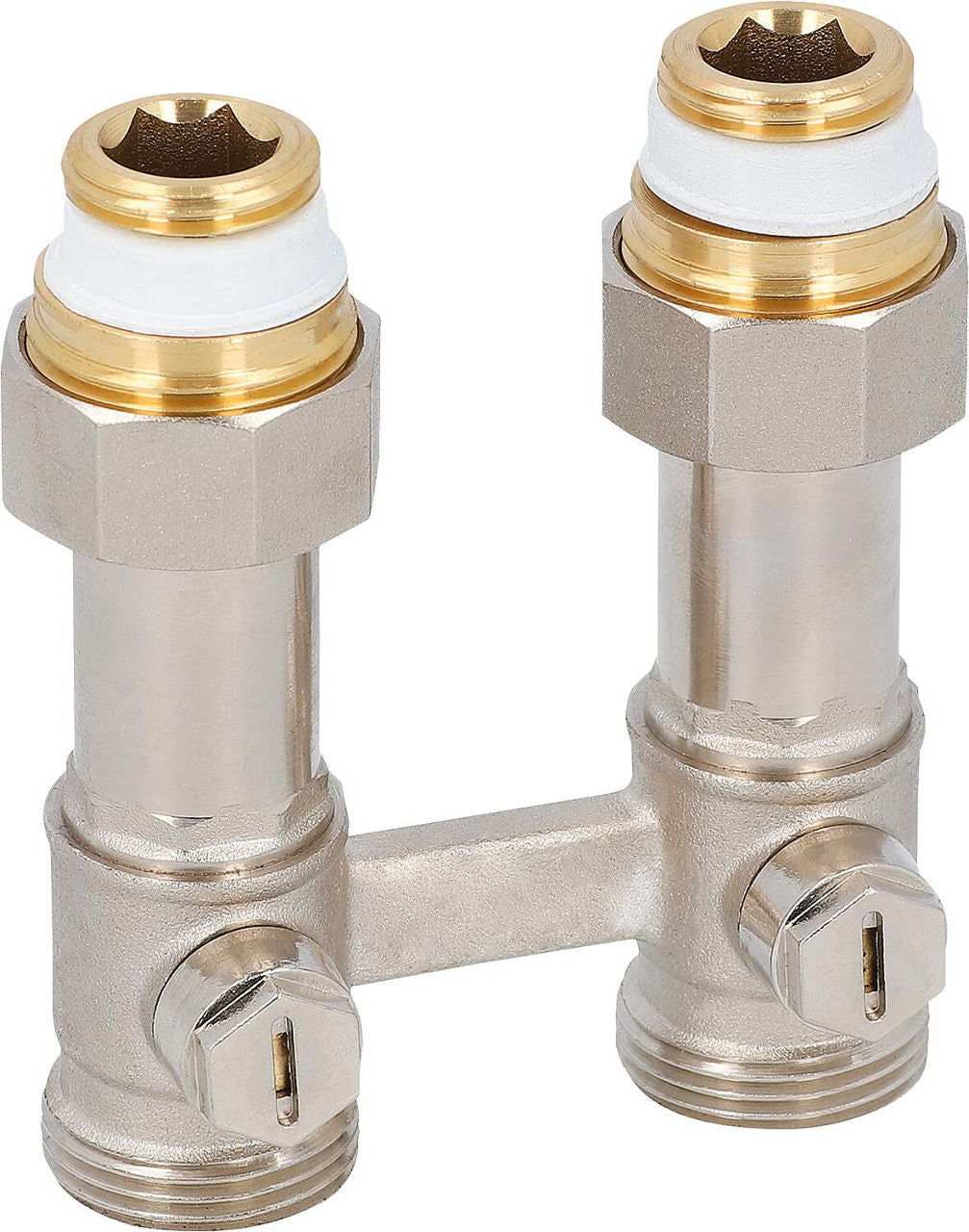 Bloc de robinet bitube à télescope de compensation, droit, raccord radiateur DN 15 (1/2")