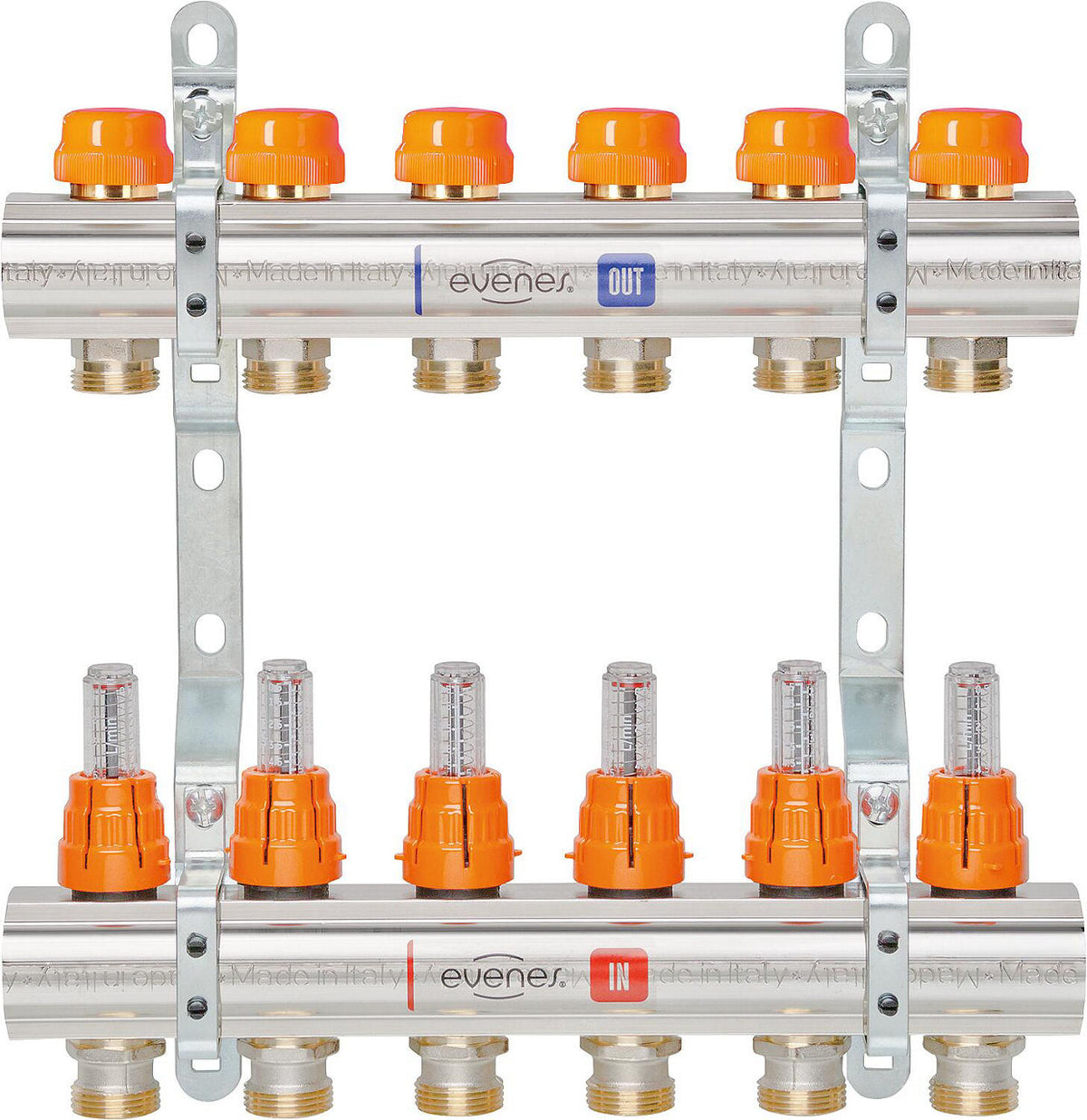 Collecteur de plancher chauffant Evenes type M-6 Dynamic en laiton DN 25 (1") avec débitmètres