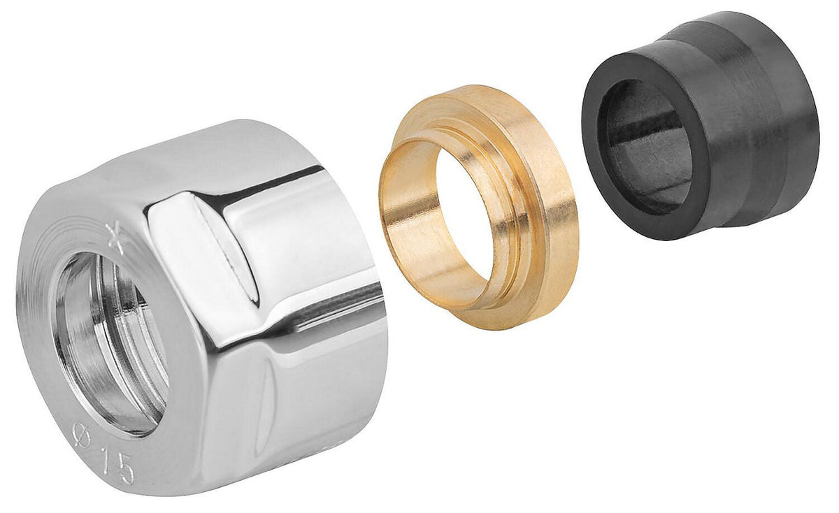Raccord à compression chromé Ø 15 mm pour robinetterie de radiateur design