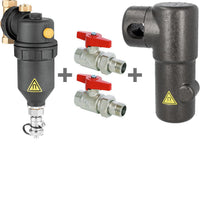 Kit complet 1x Séparateur à boisseau sphérique et désemboueur DN 25 (1") + 2x Robinet à boisseau sphérique + 1x Isolatio
