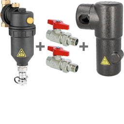 Kit complet 1x Séparateur à boisseau sphérique et désemboueur DN 25 (1") + 2x Robinet à boisseau sphérique + 1x Isolatio