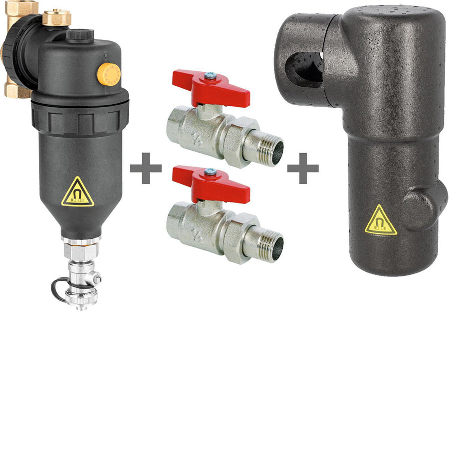 Kit complet 1x Séparateur à boisseau sphérique et désemboueur DN 25 (1") + 2x Robinet à boisseau sphérique + 1x Isolatio