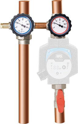 Kit d'arrêt de pompe type 8 avec bypass DN 25 (1"), départ à droite, écrou tournant et thermomètre rouge/bleu