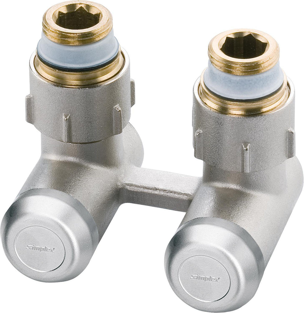 Bloc de robinet bitube EV-A équerre nickelé 15 mm, nipple DN 20 (3/4") × DN 15 (1/2") mâle