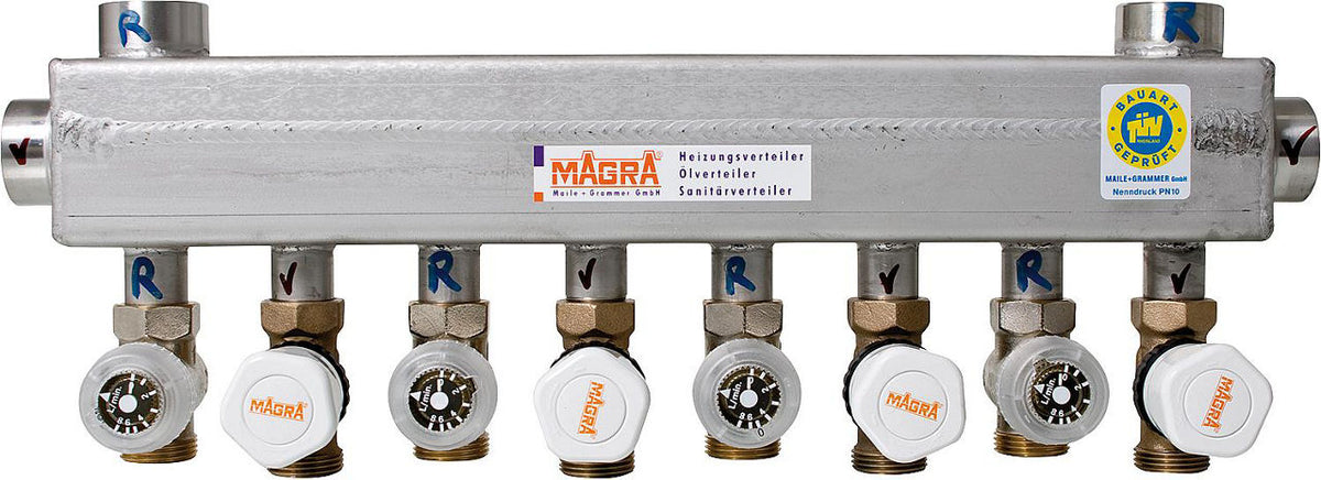 Collecteur de chauffage MAGRA 60/60 en acier inoxydable avec vannes prémontées et vanne d'équilibrage Rondo