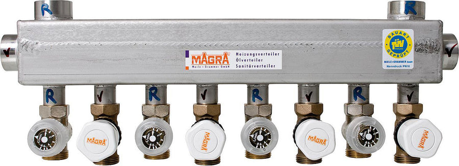 Collecteur de chauffage MAGRA 60/60 en acier inoxydable avec vannes prémontées et vanne d'équilibrage Rondo