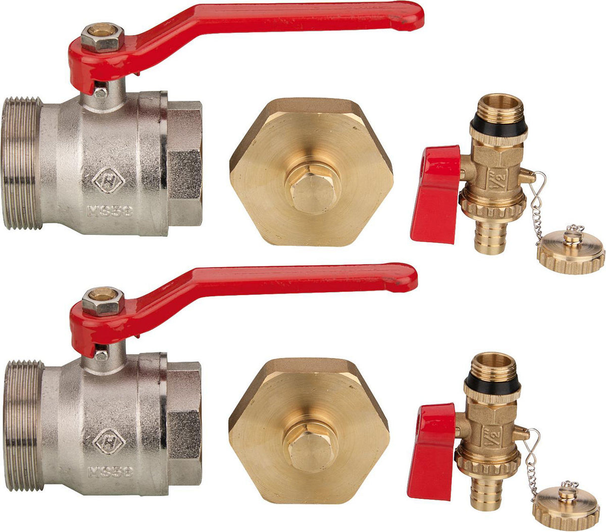 Kit d'accessoires pour collecteur géothermie : 2 robinets à boisseau sphérique, 2 robinets de remplissage et de vidange et 2 bouchons DN 50 (2")