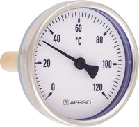 Thermomètre bimétallique AFRISO, boîtier en tôle d'acier, Ø 63 mm, 0-120 °C, DN 15 (1/2")