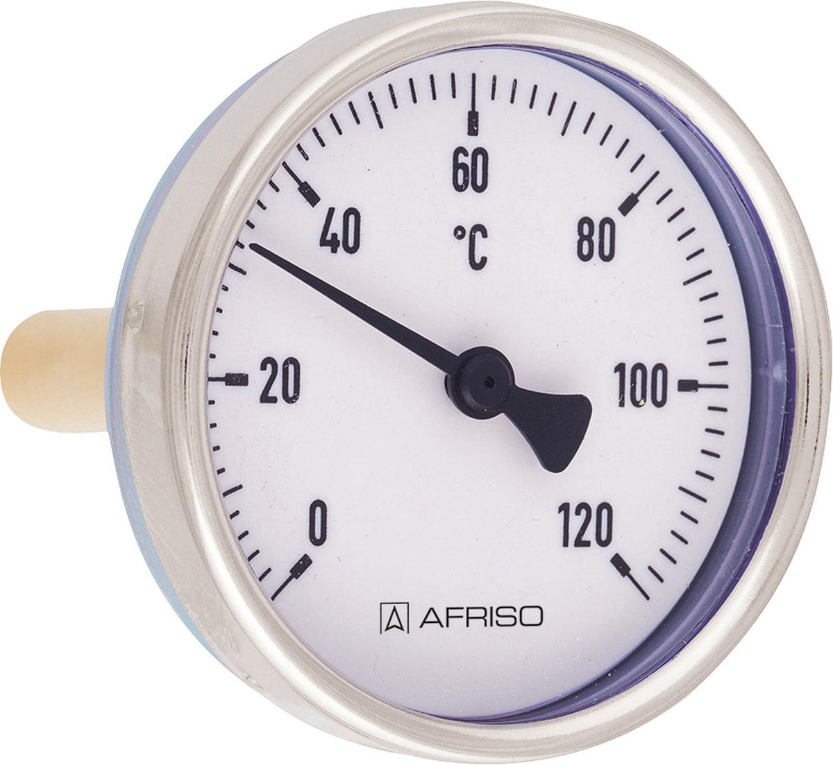 Thermomètre bimétallique AFRISO, boîtier en tôle d'acier, Ø 63 mm, 0-120 °C, DN 15 (1/2")