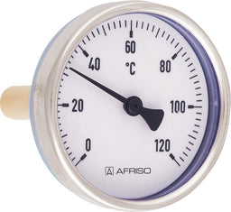 Thermomètre bimétallique AFRISO, boîtier en tôle d'acier, Ø 63 mm, 0-120 °C, DN 15 (1/2")