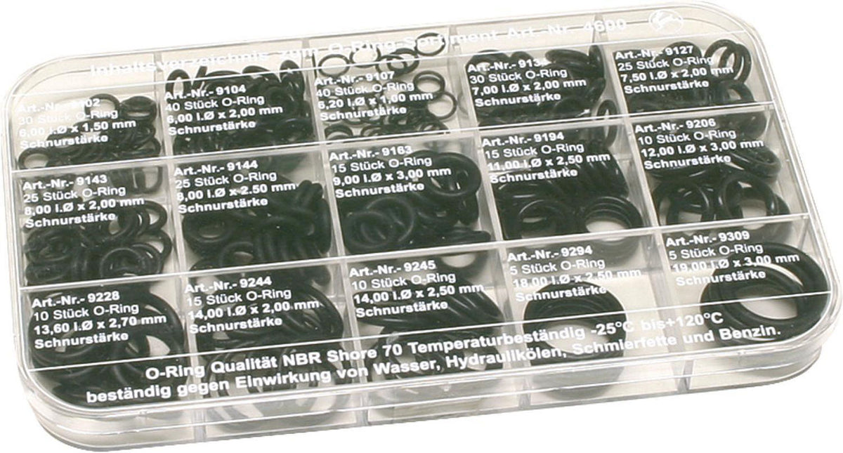 Assortiment de joints toriques, petit format 180x105x16mm contenu total 300 pièces