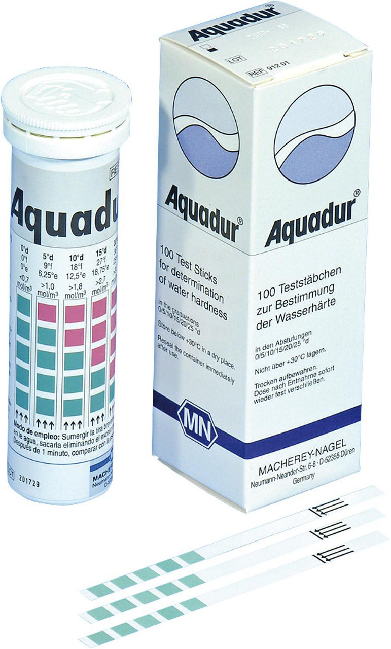 Bandelettes de test Aquadur, dureté de l'eau 3/5/10/15/20/25 °dH, paquet de 100 (6 × 95 mm)
