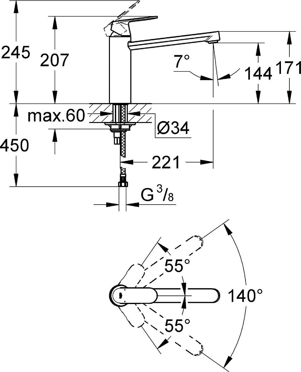Mitigeur d'évier Grohe Eurosmart Cosmopolitan, commande latérale