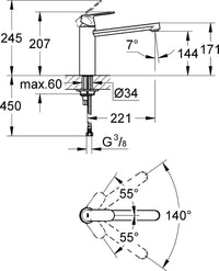 Mitigeur d'évier Grohe Eurosmart Cosmopolitan, commande latérale
