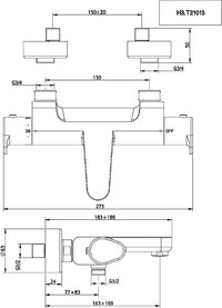 Thermostatique bain-douche apparent Evica chromé, saillie 163 mm