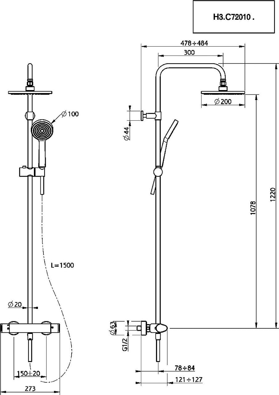 Colonne de douche Evica thermostatique avec pomme de tête Ø 200 mm chrome