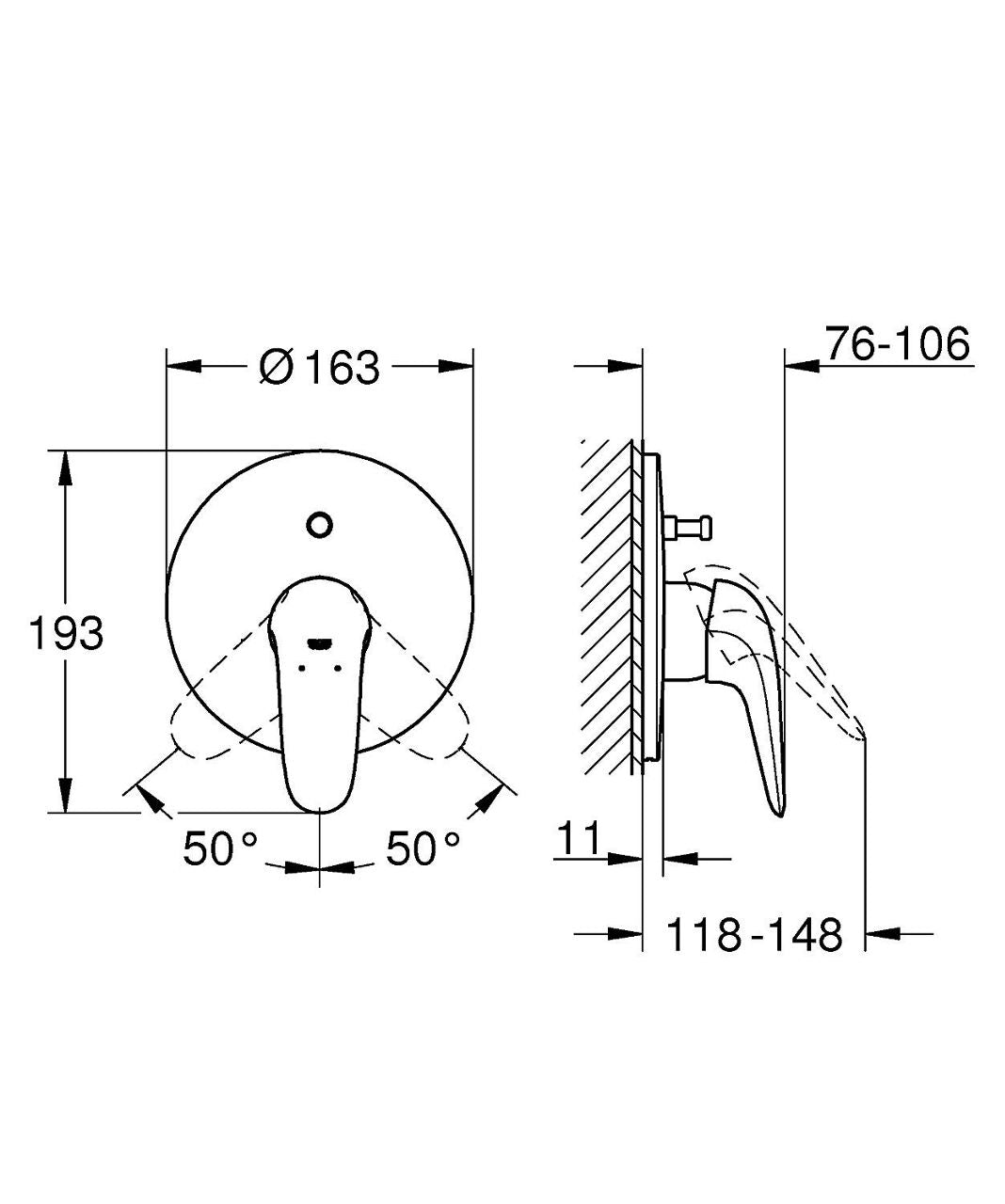 Mitigeur bain/douche encastré Grohe Eurostyle rosace Ø 163 mm chromé levier fermé