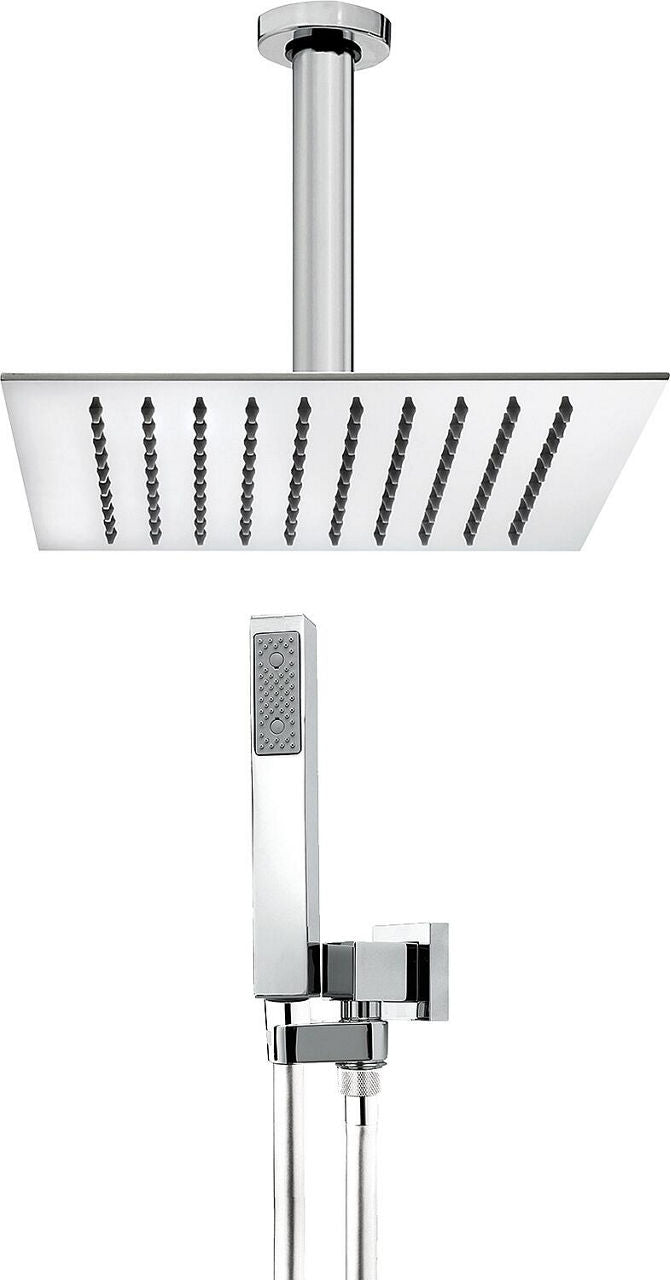 Kit promo douche : Tête de douche carrée 250x250 mm tube mural 300 mm douchette flexible