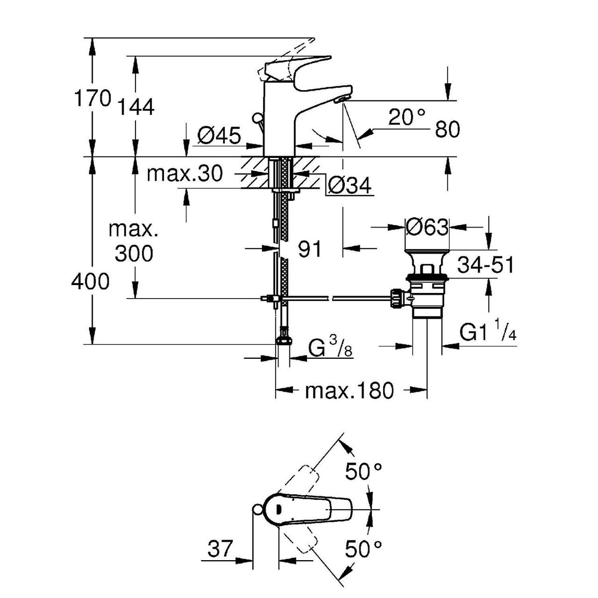 Mitigeur de lavabo Grohe Bauflow S-Size chromé avec limiteur de température