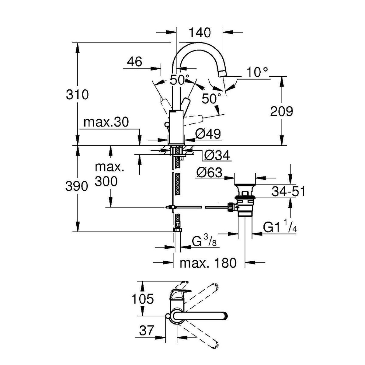 Mitigeur de lavabo Grohe Bauflow L-Size saillie 140 mm chromé