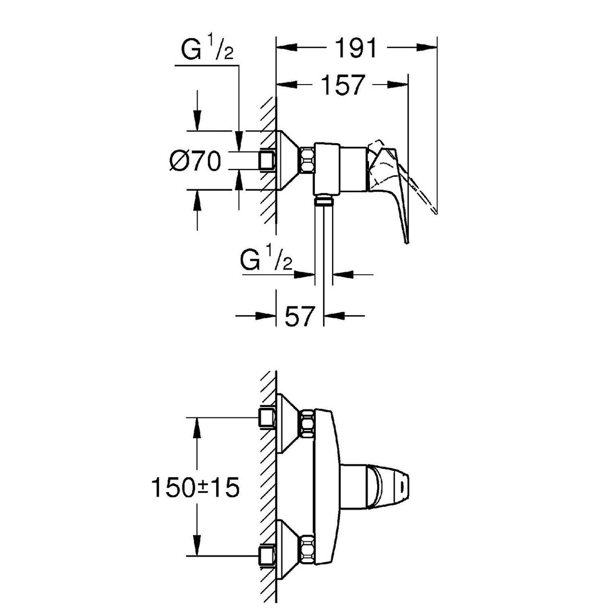 Mitigeur douche apparent Grohe Bauflow saillie 157 mm chromé