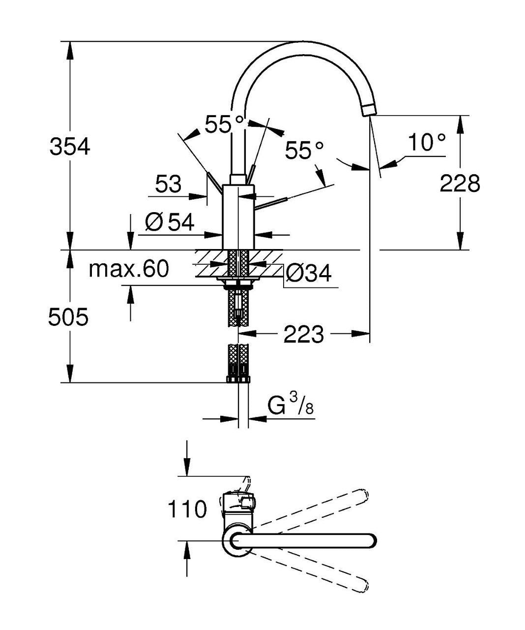 Mitigeur d'évier Grohe Eurosmart Cosmopolitan, commande latérale