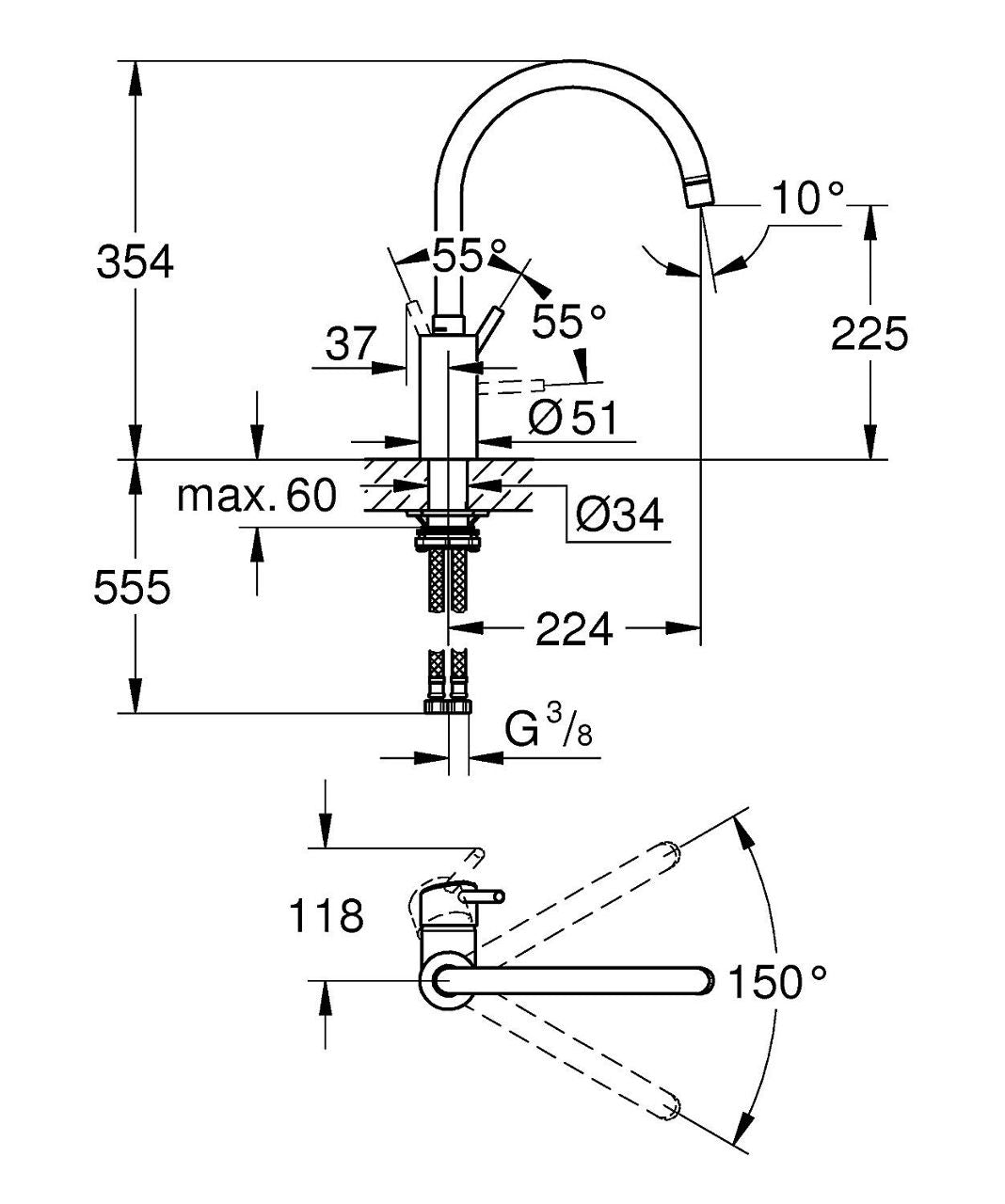 Mitigeur d'évier Grohe Concetto bec pivotant saillie 224 mm chrome
