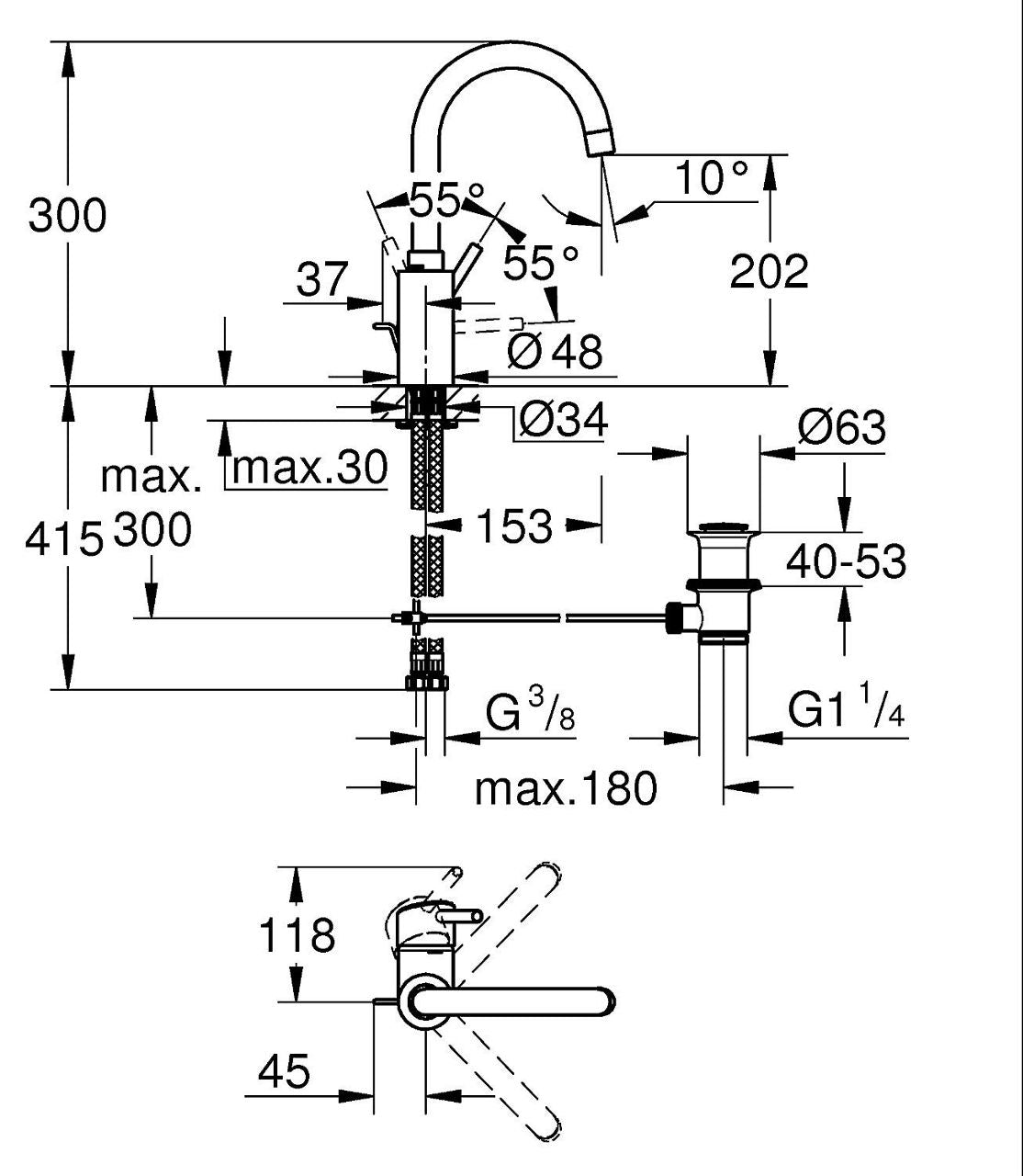 Mitigeur de lavabo Grohe Concetto L-Size saillie 153mm chromé