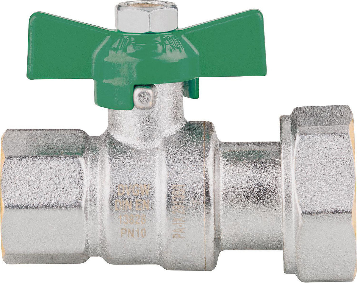 Robinet à boisseau sphérique eau potable femelle × écrou tournant, poignée papillon