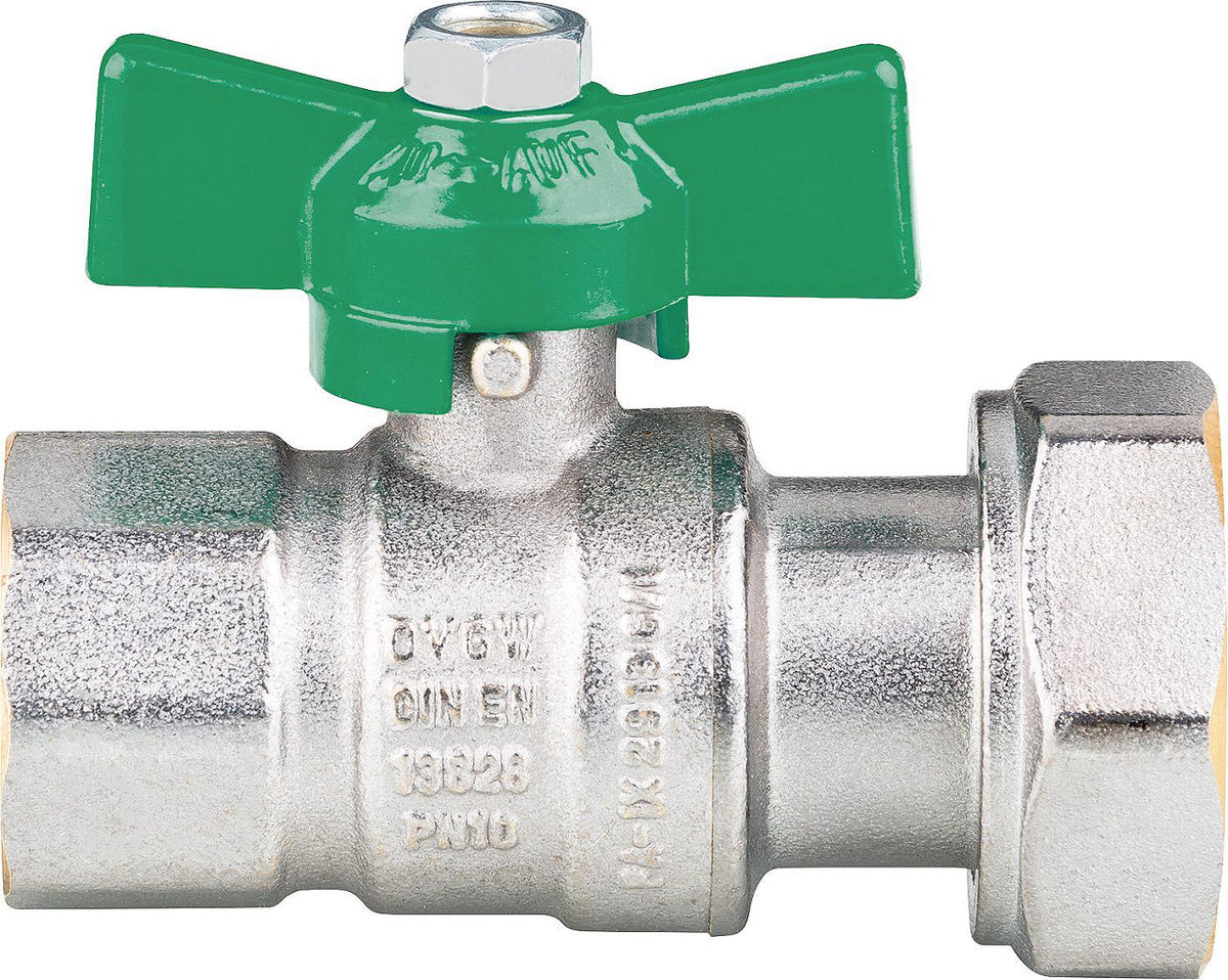 Robinet à boisseau sphérique eau potable femelle × écrou tournant, poignée papillon