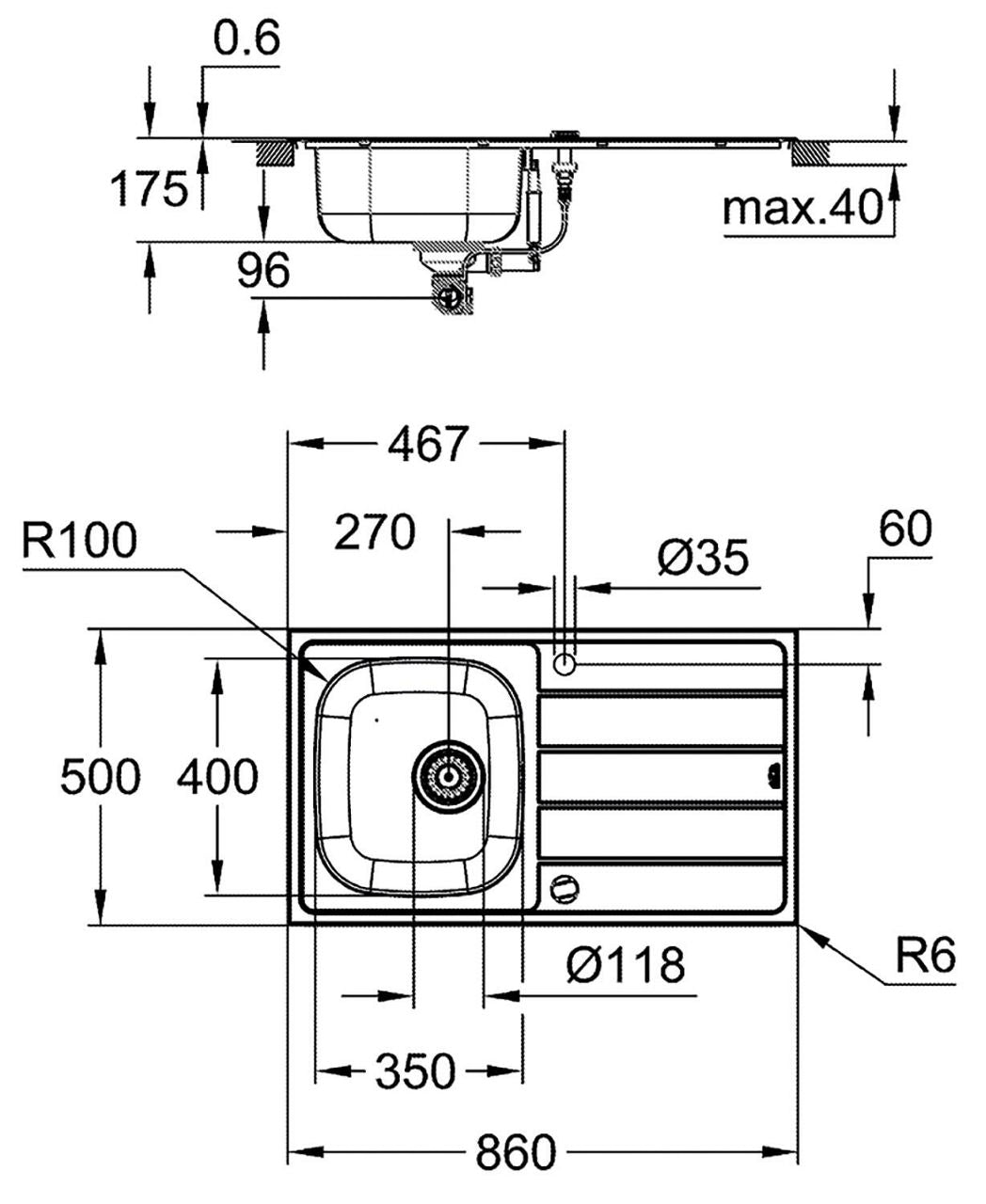Évier inox Grohe K200 avec 1 bac réversible lxP: 860 x 500 mm