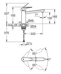 Mitigeur d'évier Grohe Bauedge bec pivotant saillie 222 mm chrome