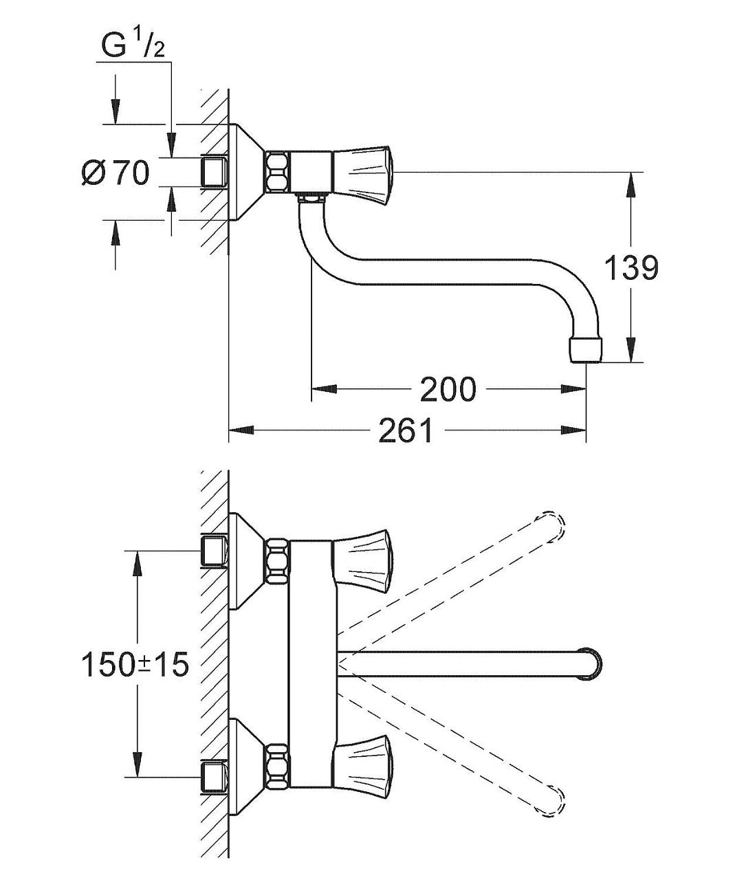 Mitigeur d'évier à deux poignées Grohe Costa Bec orientable Saillie 261 mm chrome