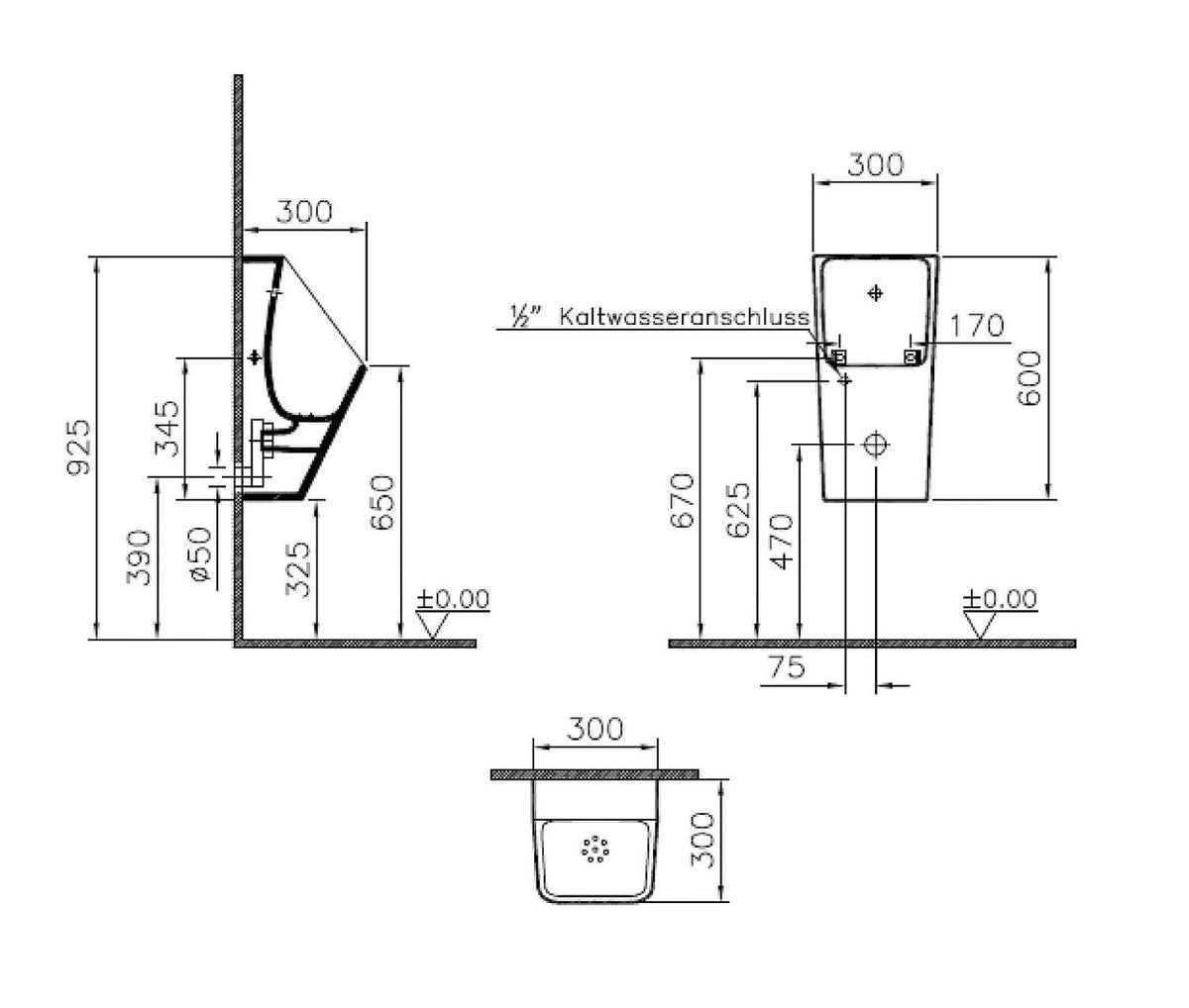 Urinoir à aspiration Vitra S20 Comfort, alimentation par l'arrière, sortie horizontale, 300×600×300 mm, blanc - vue 3