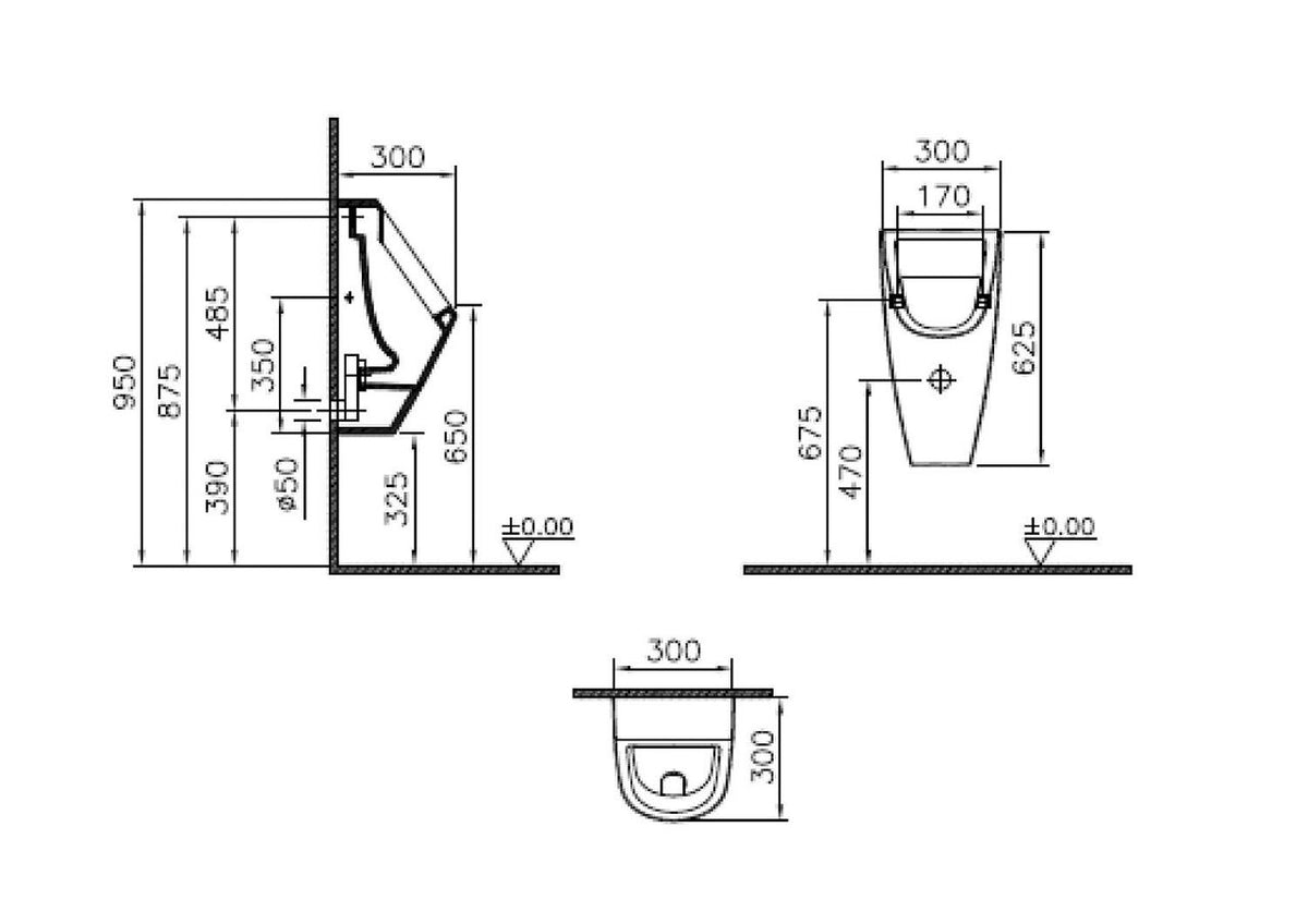 Urinoir Vitra S20 Basic, alimentation par l'arrière, sortie horizontale, 310×625×300 mm, blanc - vue 2