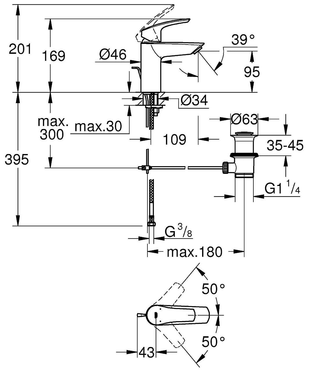 Mitigeur de lavabo Grohe Eurosmart S-Size saillie 109 mm chromé
