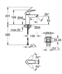 Mitigeur de lavabo Grohe Eurosmart S-Size saillie 109 mm chromé