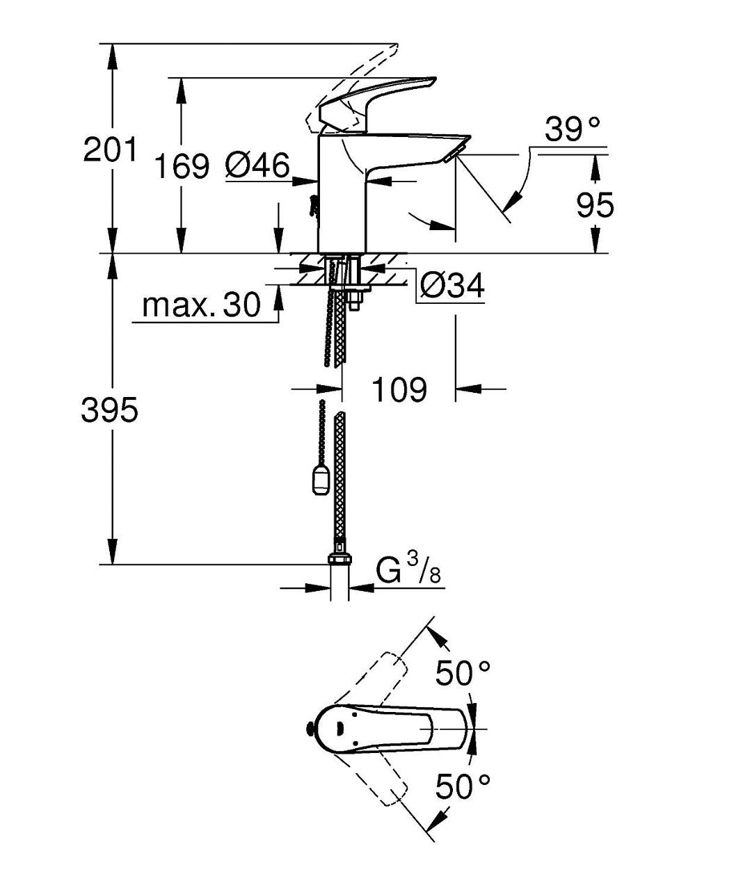 Mitigeur de lavabo Grohe Eurosmart S-Size saillie 109 mm chromé
